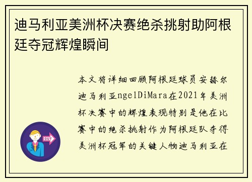 迪马利亚美洲杯决赛绝杀挑射助阿根廷夺冠辉煌瞬间
