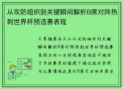 从攻防组织到关键瞬间解析B席对阵热刺世界杯预选赛表现