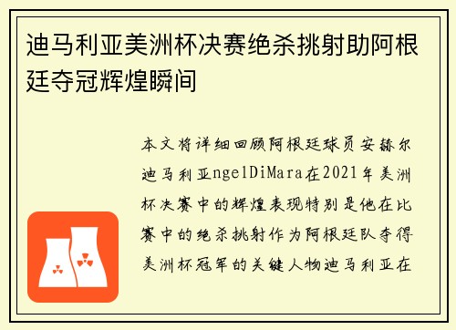 迪马利亚美洲杯决赛绝杀挑射助阿根廷夺冠辉煌瞬间 迪马利亚美洲杯决赛绝杀挑射助阿根廷夺冠辉煌瞬间